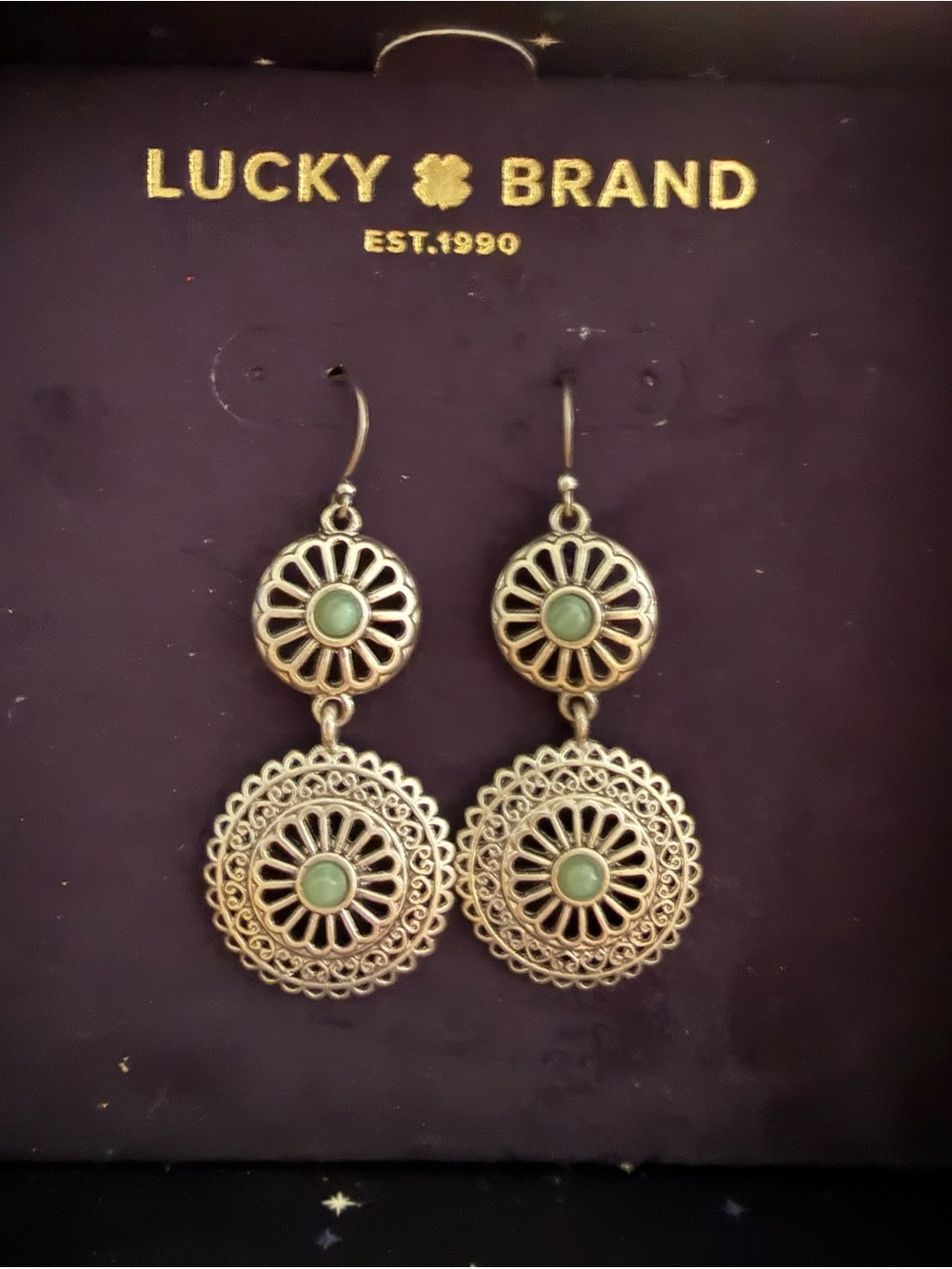Lucky Brand Silver-Tone Green Center Filigree Double-Drop Earrings